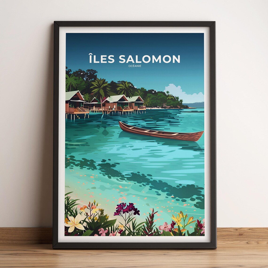 Solomon Islands Turquoise Lagoon Wooden Canoe Island Travel Poster