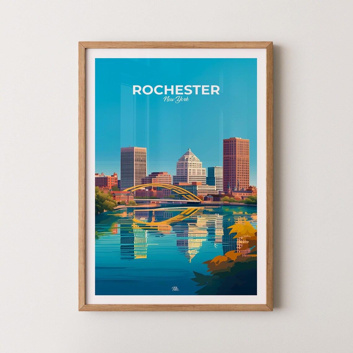 Rochester New York Travel Poster River Skyline Bridge Mirror View