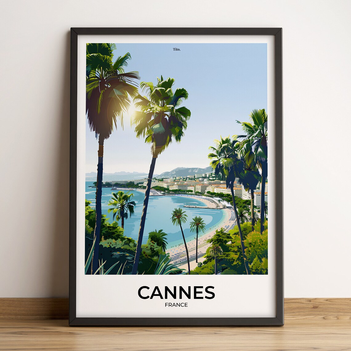 Cannes France Palm Trees Bay Beach Riviera Illustrated Poster