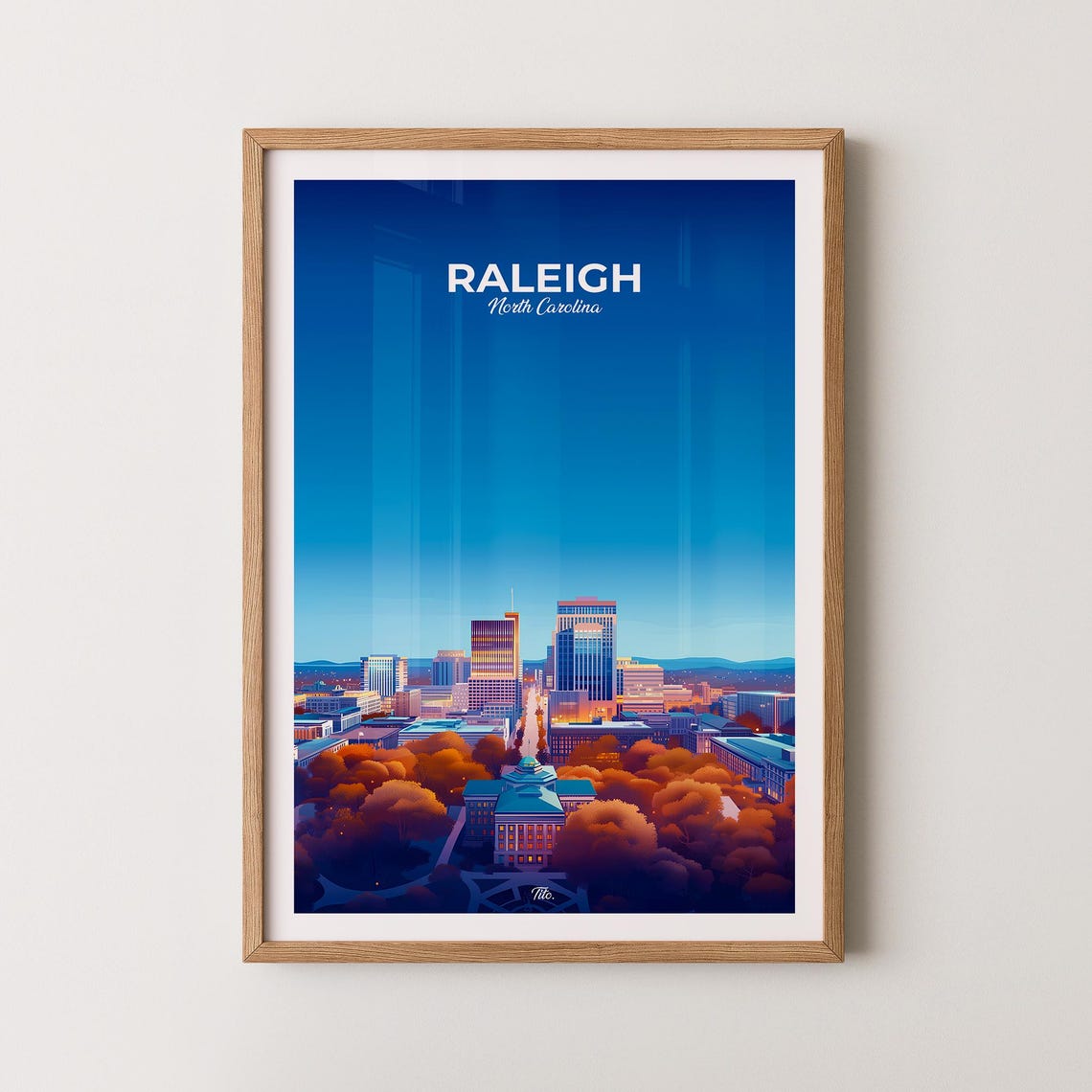 Raleigh North Carolina Downtown Skyline Autumn Trees Travel Poster
