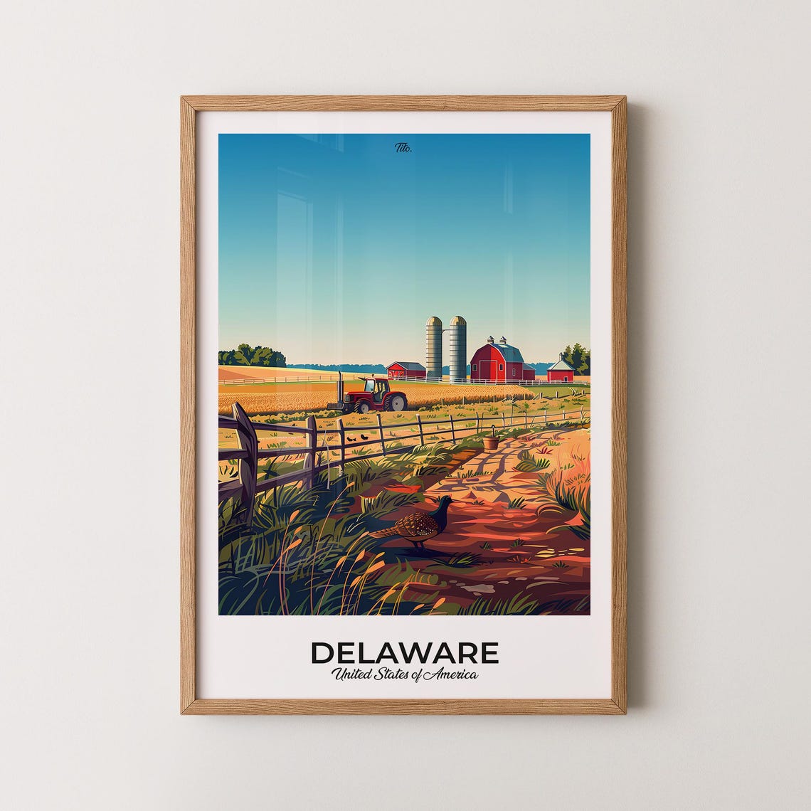 Delaware Farmland Wheat Fields Barn Retro Sunset Travel Poster