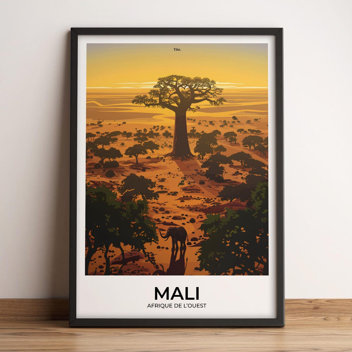 Mali Baobab Sunset Elephant Golden Savanna Vintage Travel Poster