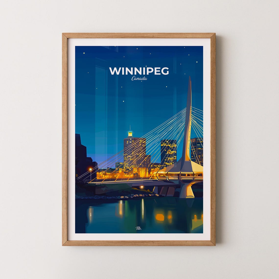 Winnipeg Canada Cable Stayed Bridge Night River Skyline Travel Poster