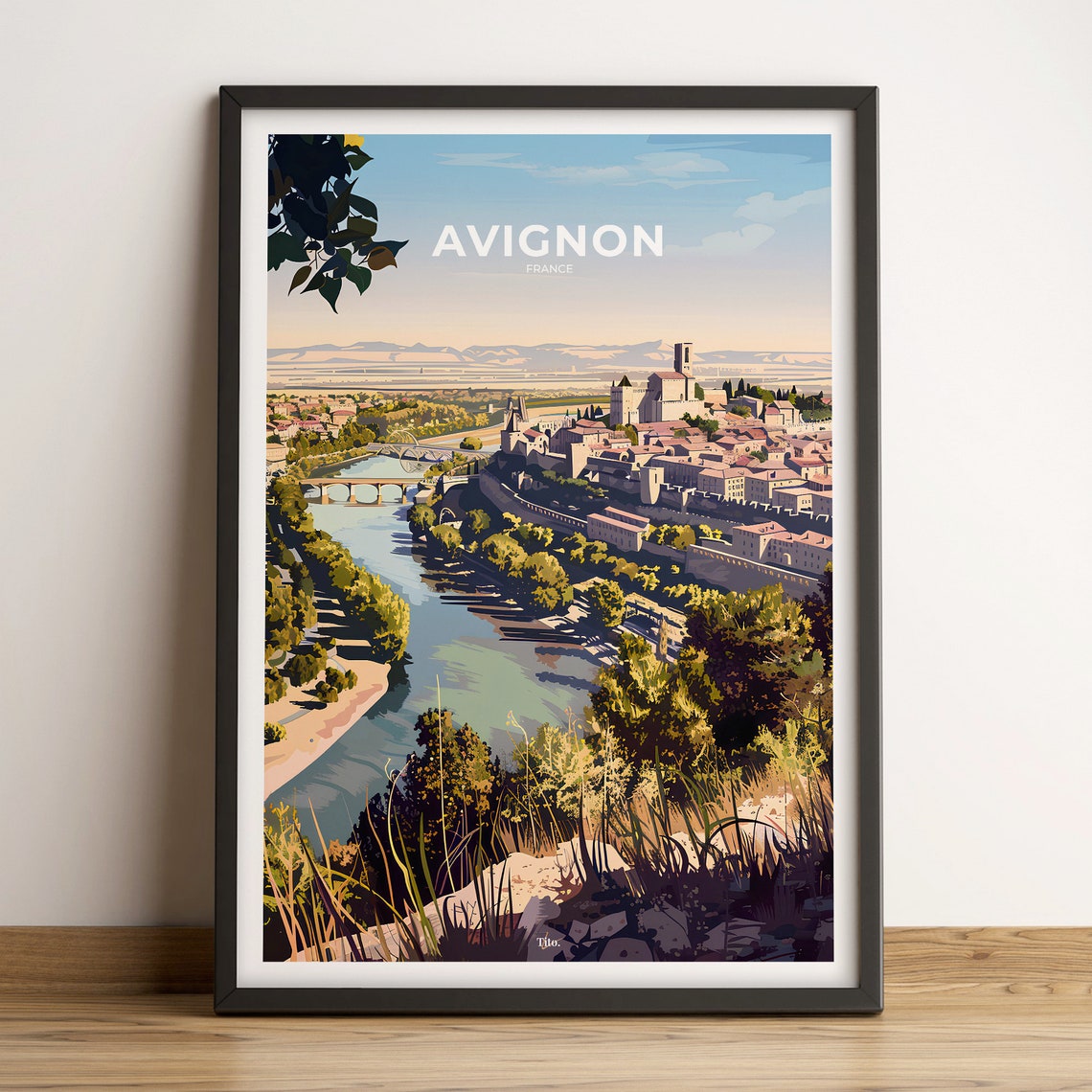 Avignon France Papal Palace River View Illustrated Travel Poster