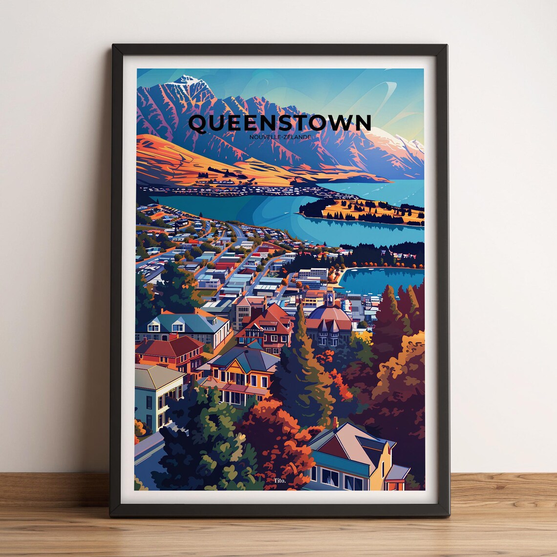 Queenstown New Zealand Alpine Lake Resort Town Vintage Travel Poster