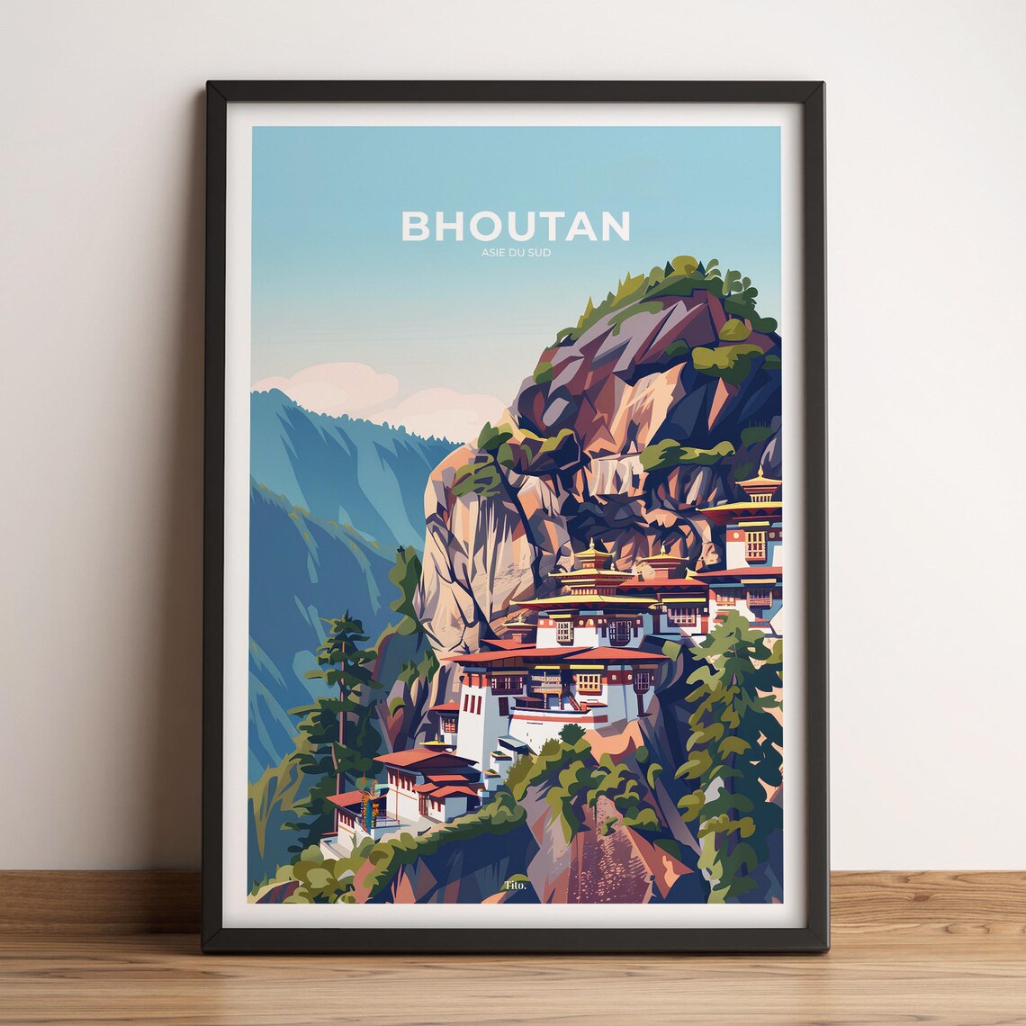 Bhutan Himalayan Cliff Monastery Vintage Travel Poster Decor