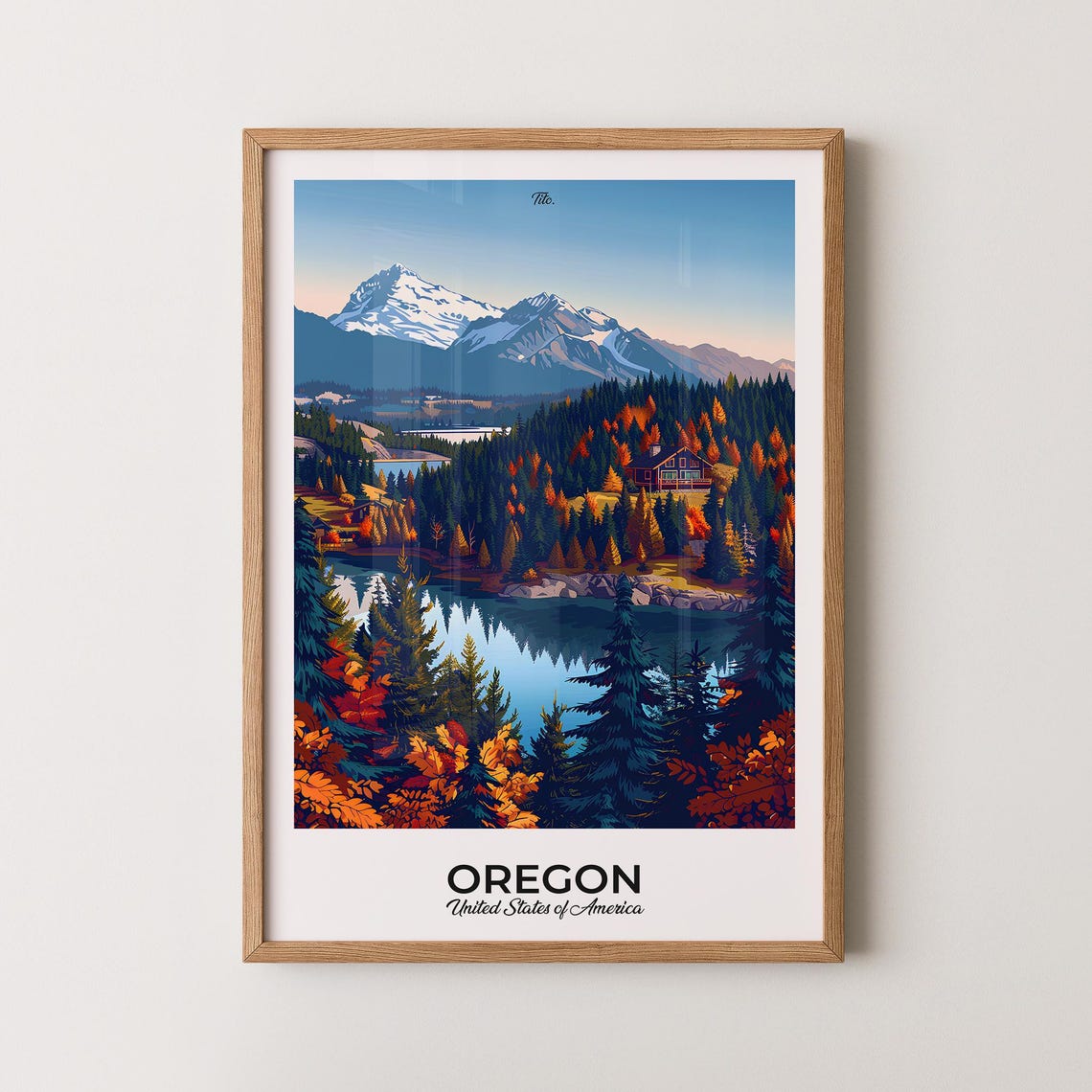 Oregon Mountain Lake Reflection Autumn Evergreens Art Poster