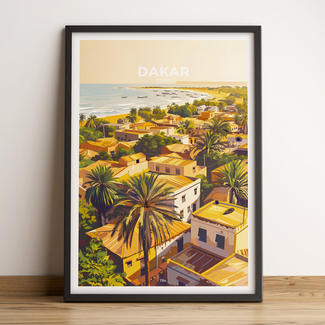 Dakar Senegal Beach Pirogue Boats Coastal Town Travel Poster Art