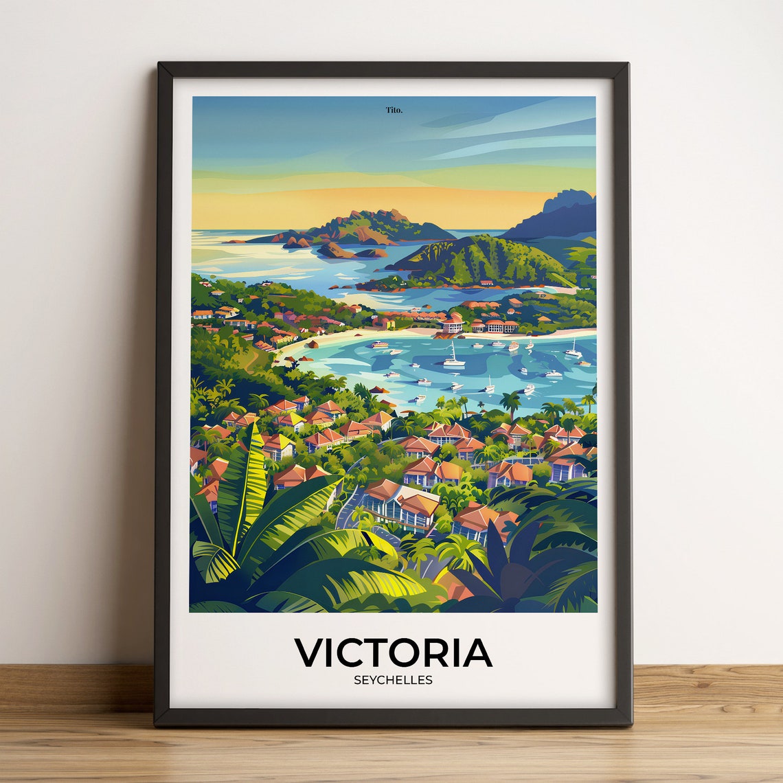 Victoria Seychelles Tropical Harbor Sailboats Island Travel Poster