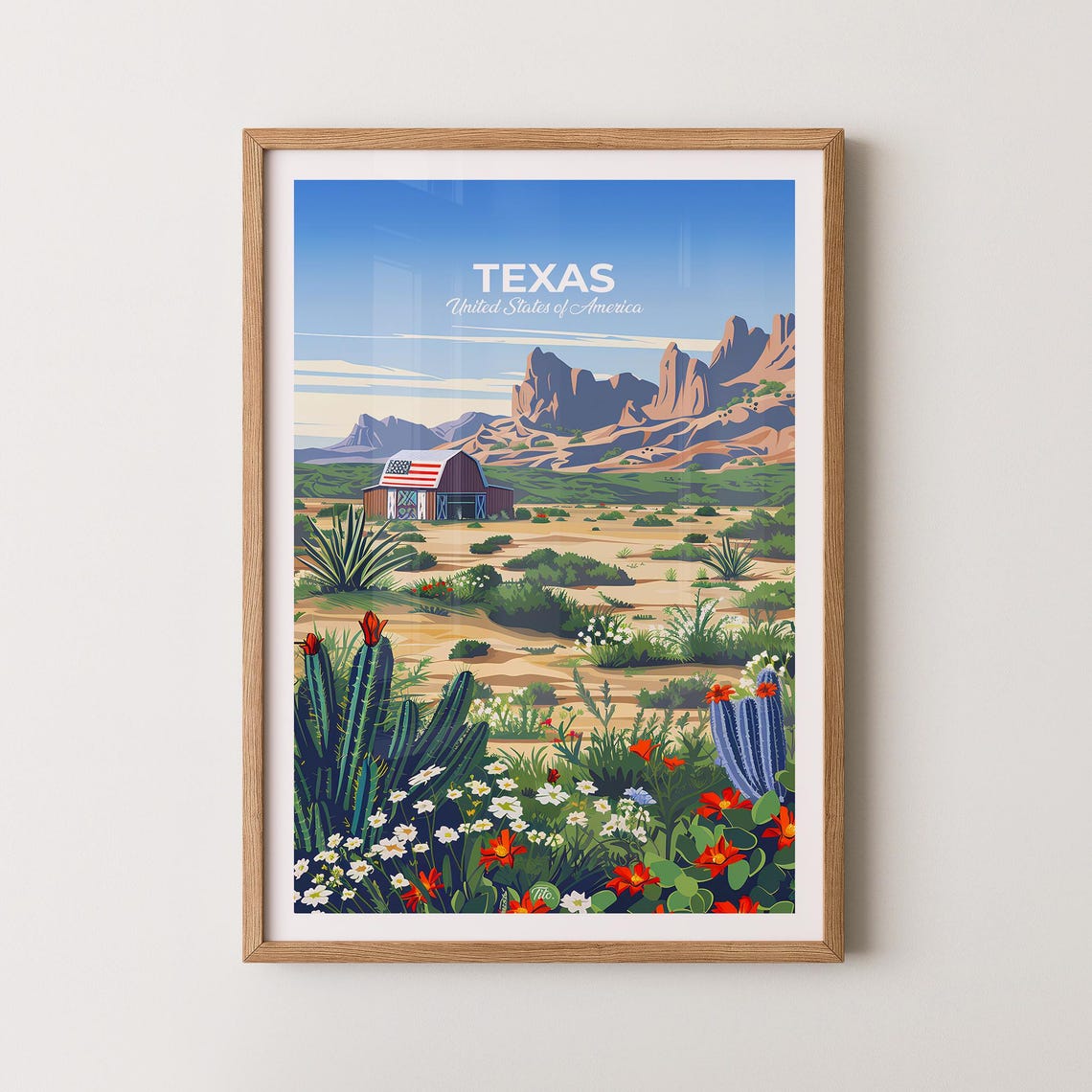 Texas Desert Barn Cactus Blooms Rocky Buttes Vintage Travel Poster