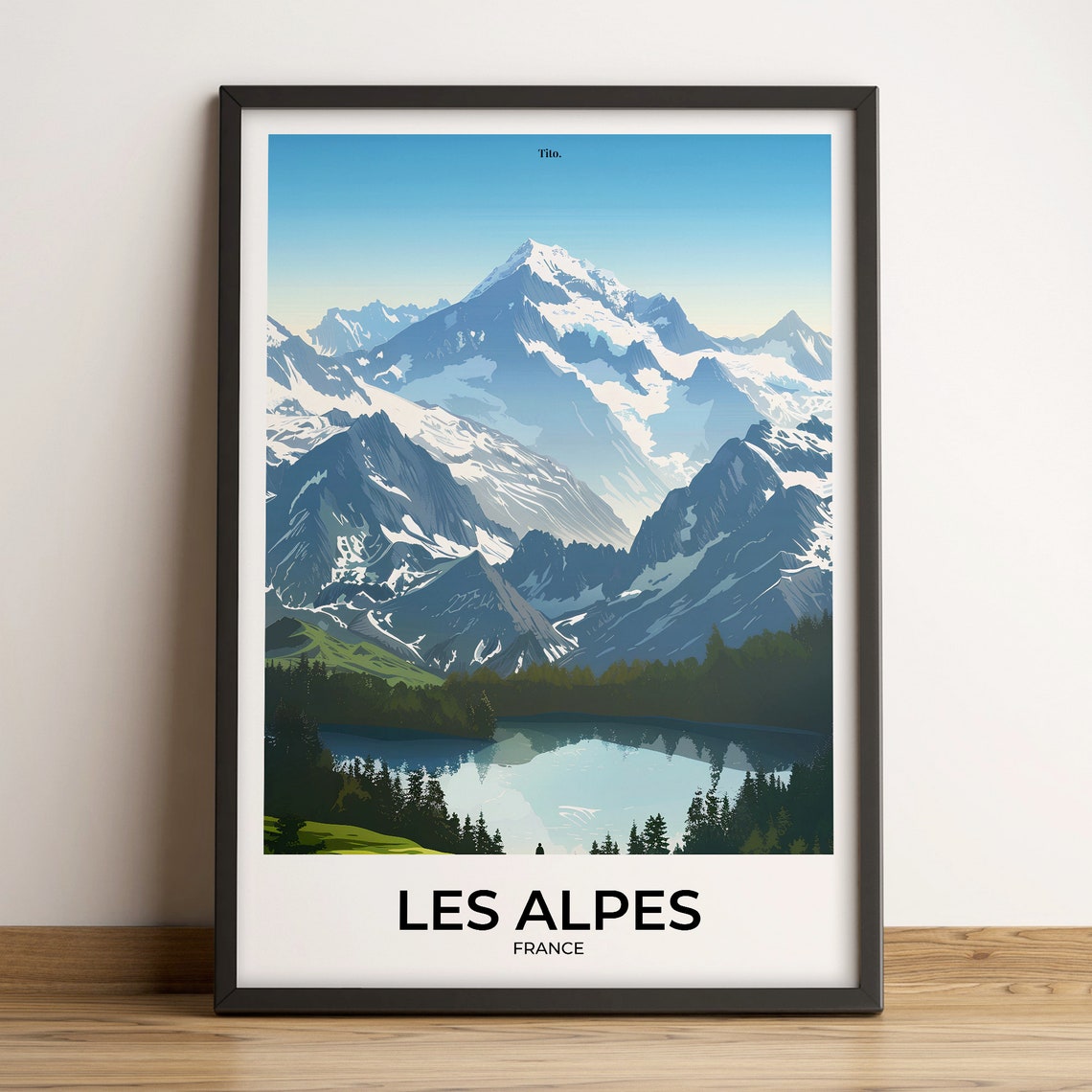 French Alps Snowy Mountain Peaks Lake View Illustrated Poster