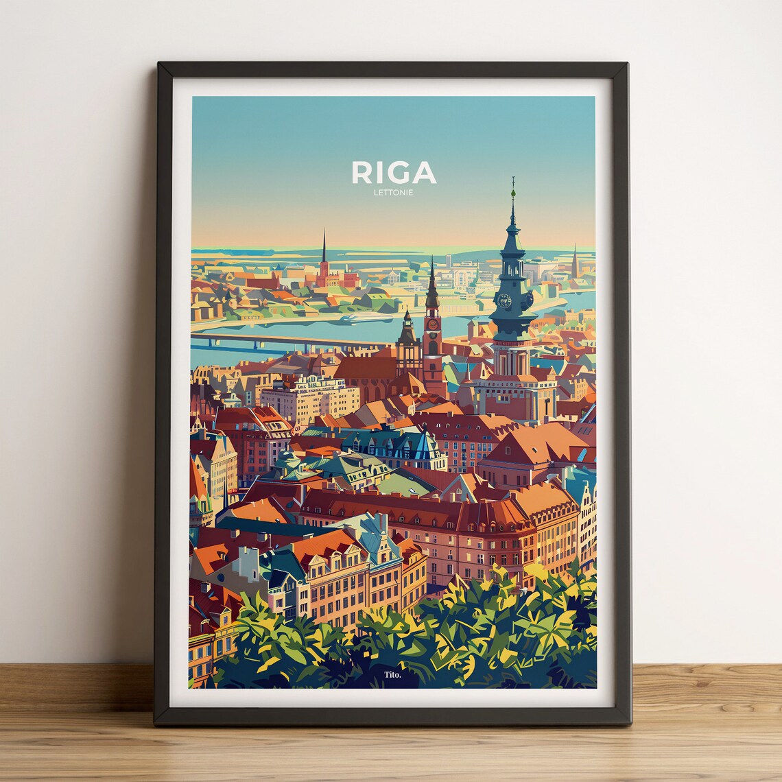 Riga Latvia Aerial Old Town Panorama Sunset City Travel Poster