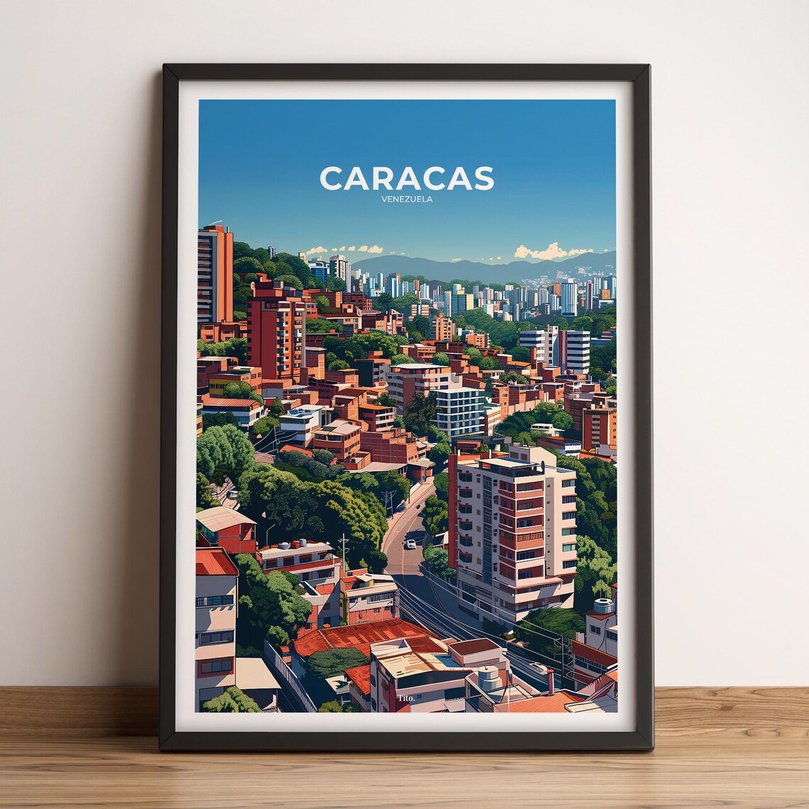 Caracas Venezuela City on the Hills Blue Sky Travel Poster Decor