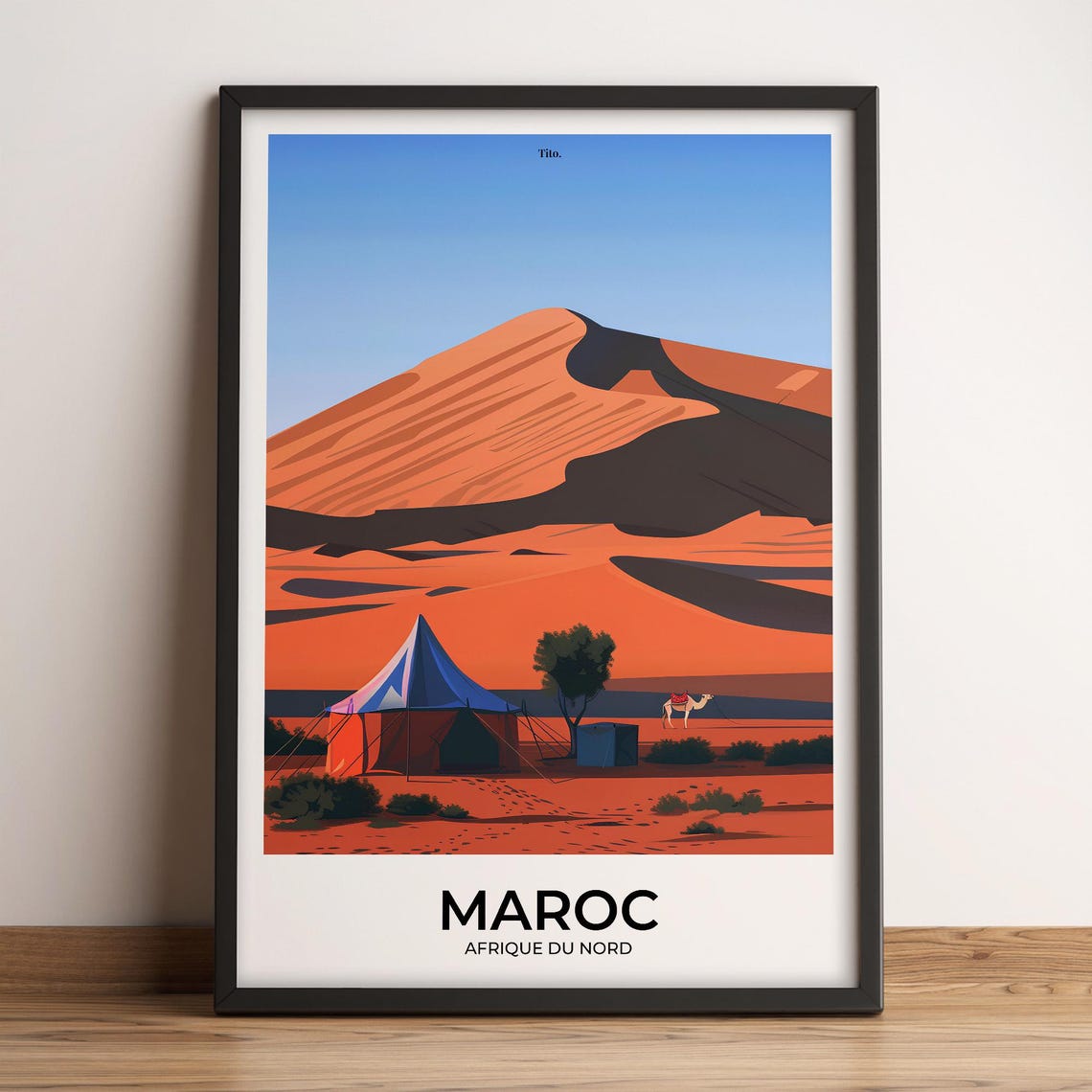 Morocco Sahara Desert Camp Camel Red Dunes Vintage Travel Poster