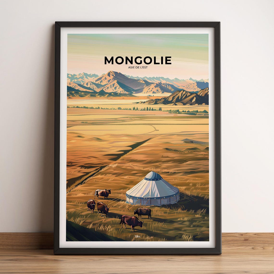 Mongolia Golden Steppe Traditional Yurt Mountain View Travel Poster