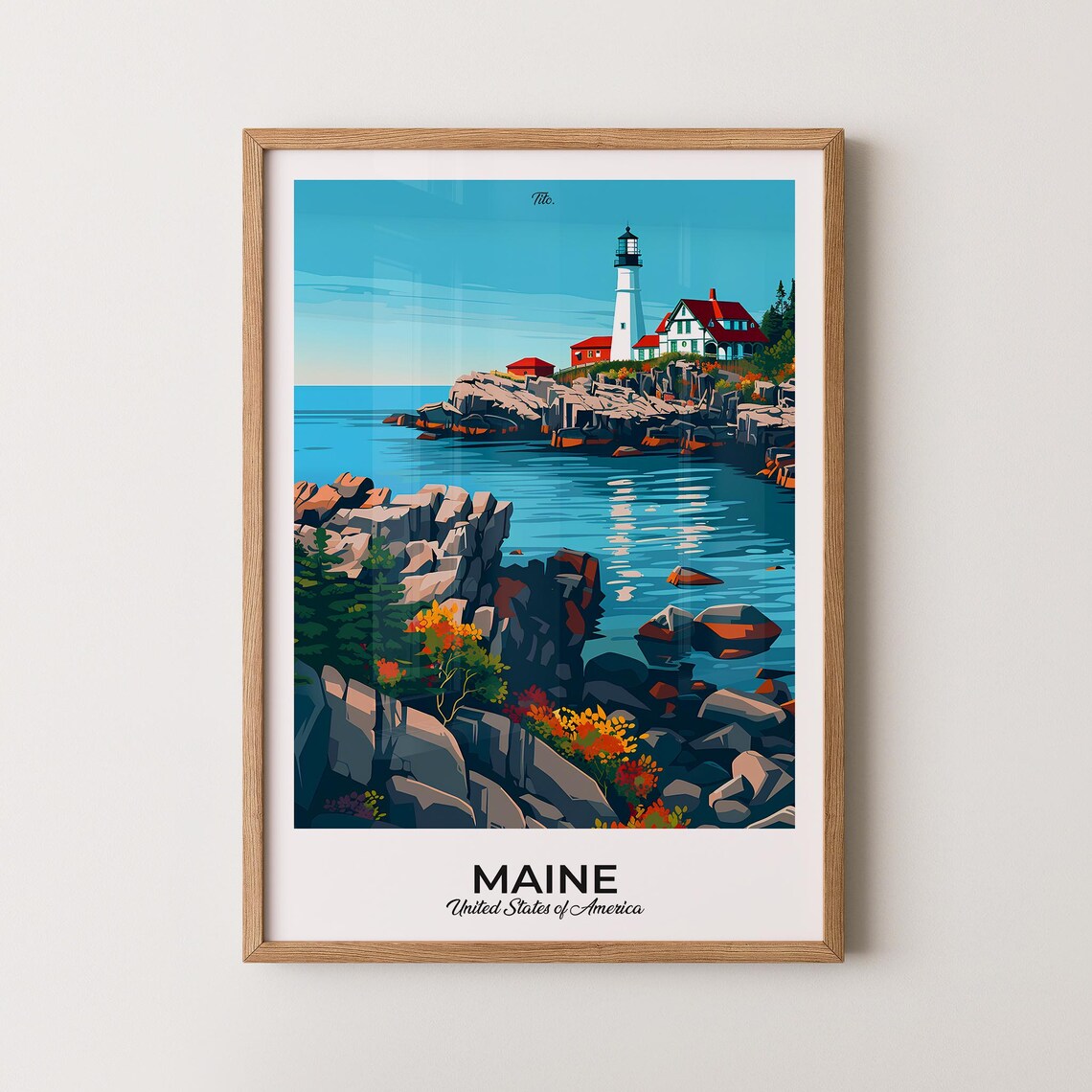Maine Ocean Rocks Lighthouse Red Roof Classic Art Travel Poster