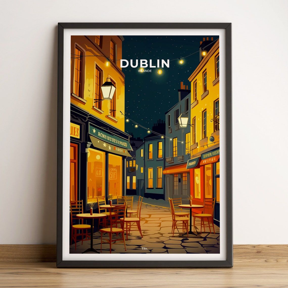 Dublin Ireland Night Pub Street Lights Cozy Evening City Poster