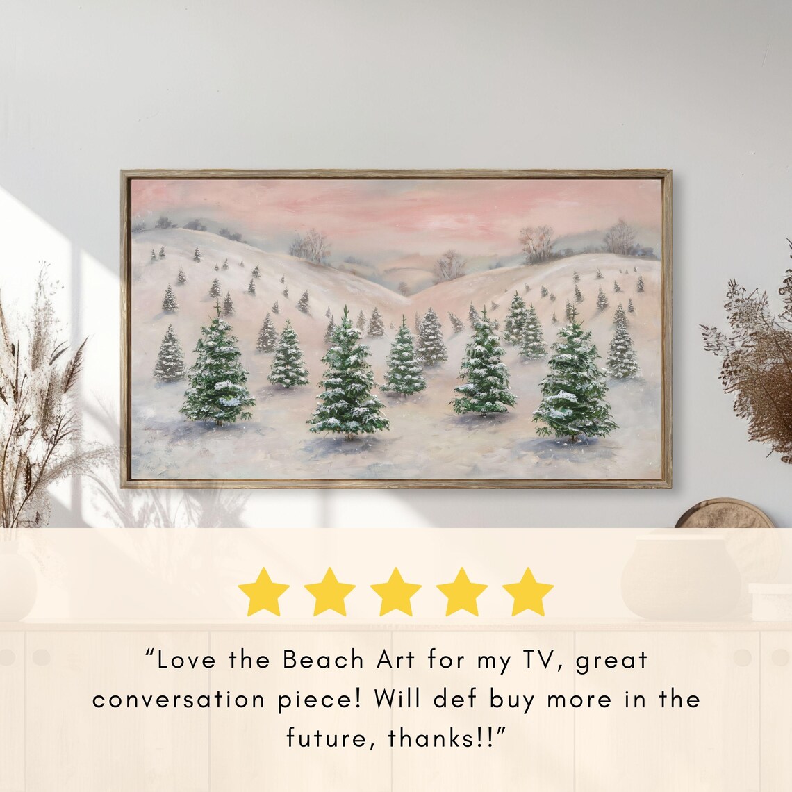 Snowy Hillside with Christmas Trees Pastel Pink Winter Poster - Image 2