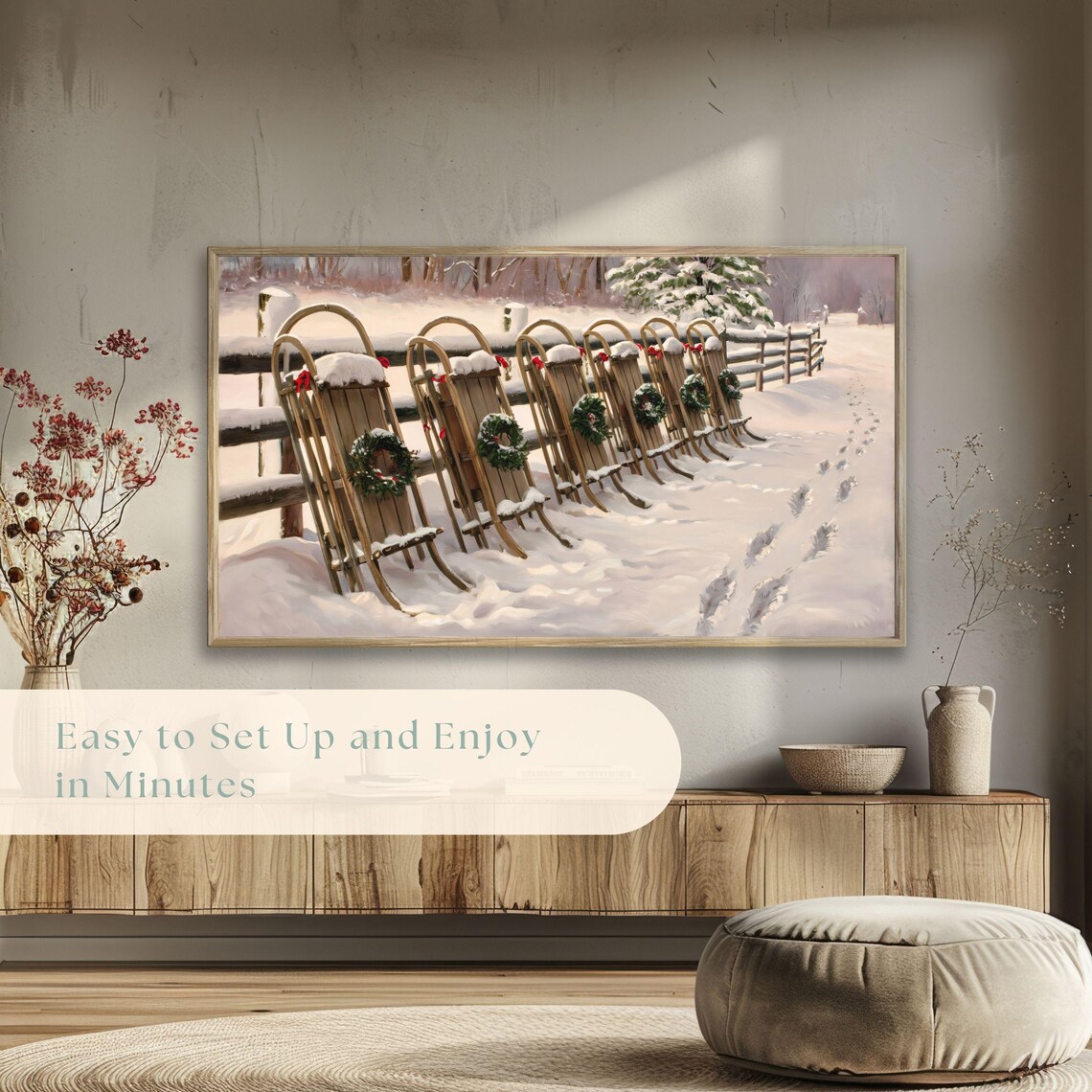 Vintage Wooden Sleds With Christmas Wreaths Snowy Country Field Poster - Image 5