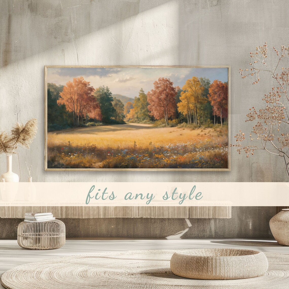 Golden Autumn Meadow Wildflowers Colorful Trees Landscape Poster - Image 3
