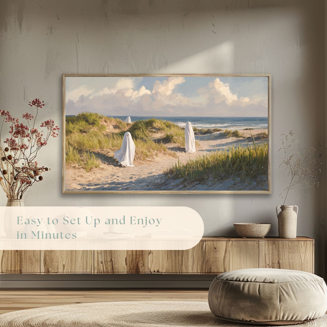 Sheet Ghosts Wandering Coastal Dunes by the Ocean Halloween Poster - Image 5