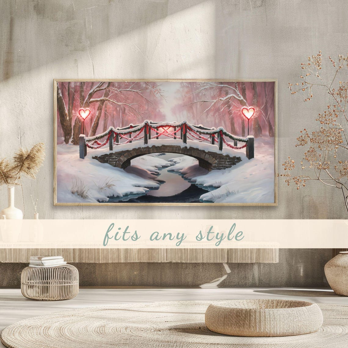 Snowy Stone Bridge Heart Lights Romantic Winter Painting Poster - Image 3