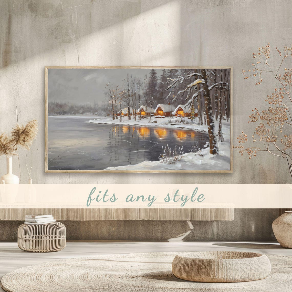 Snowy Lakeside Cabins Golden Lights Cozy Winter Painting Poster - Image 3