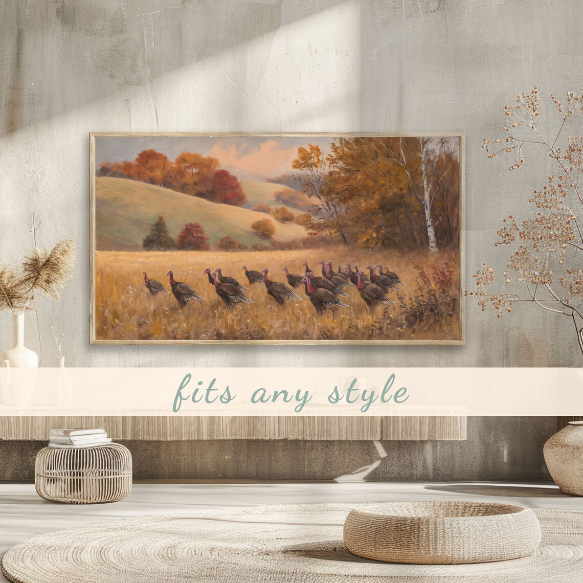 Wild Turkey Flock Crossing Golden Autumn Field Vintage Painting Poster - Image 3