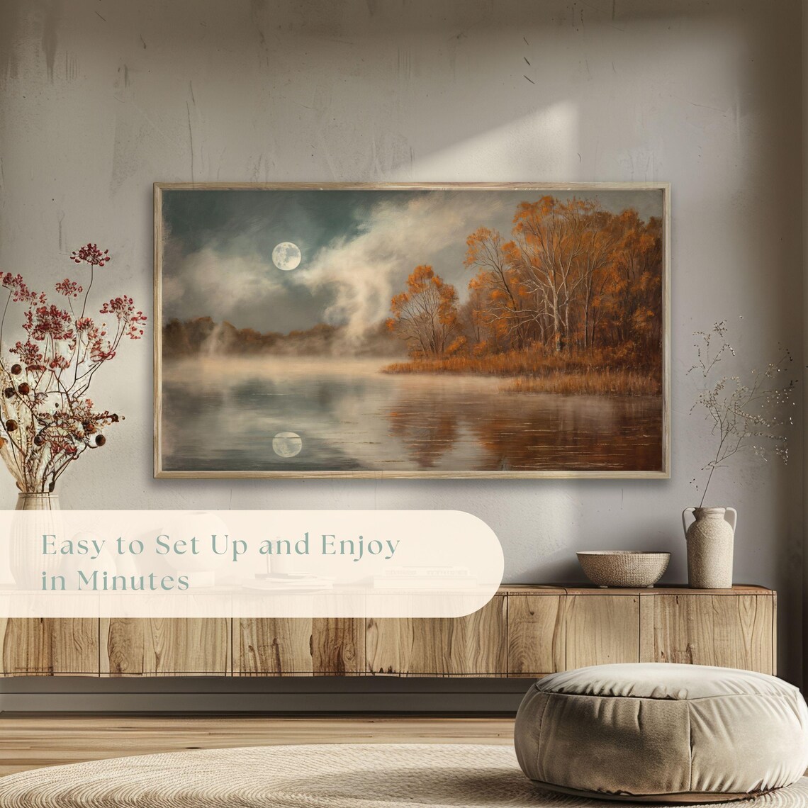 Full Moon Over Quiet Autumn Lake Night Landscape Reflection Poster - Image 5