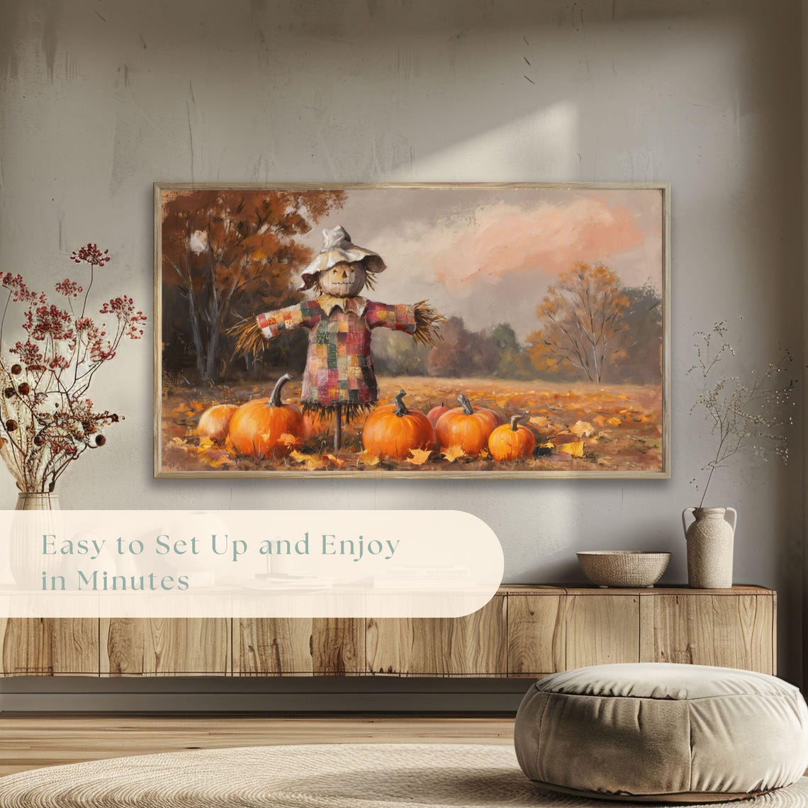 Patchwork Scarecrow Among Pumpkins Autumn Field Vintage Poster - Image 5