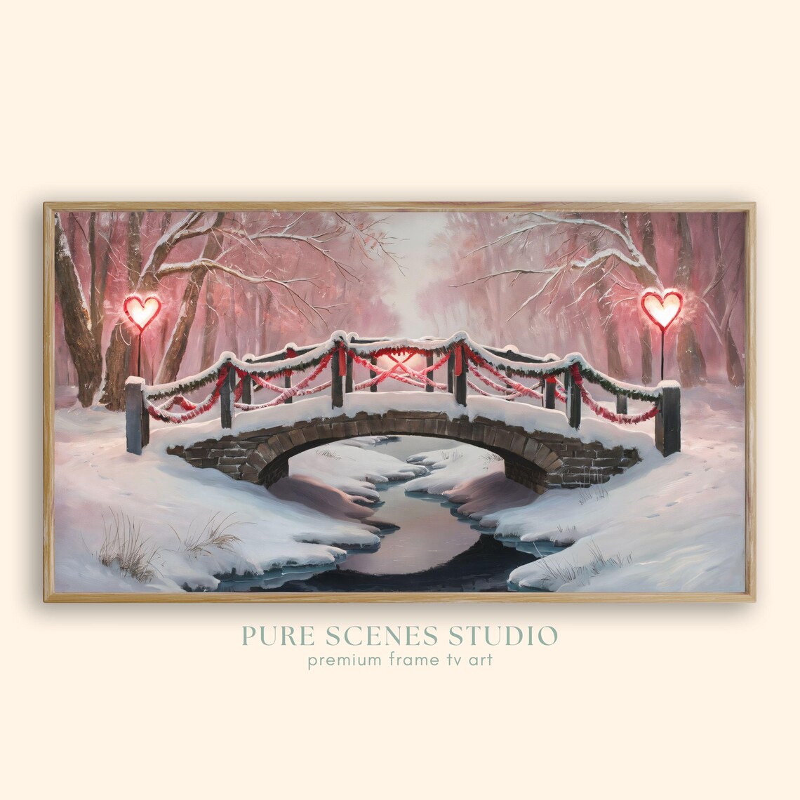 Snowy Stone Bridge Heart Lights Romantic Winter Painting Poster