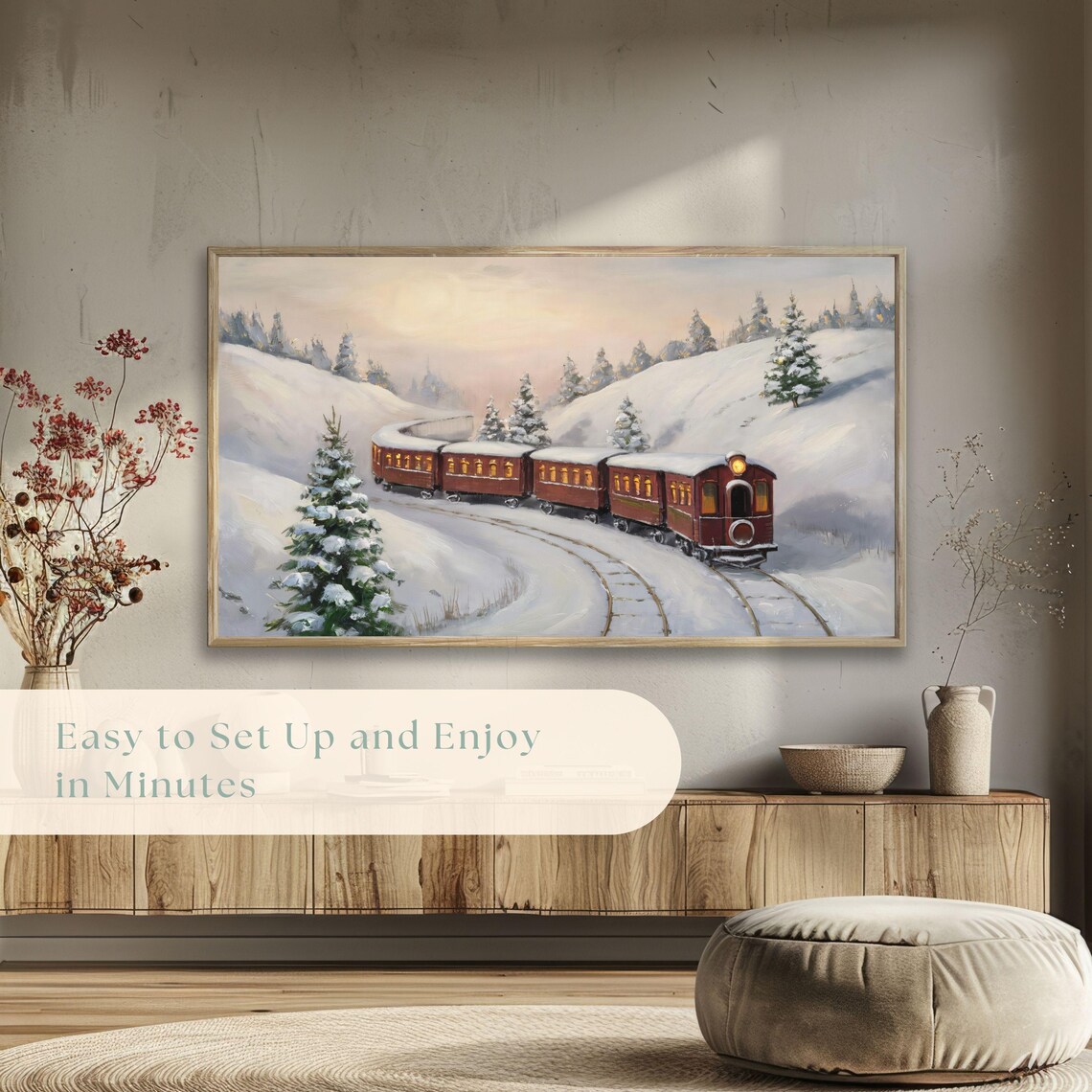 Vintage Train in Snowy Valley Winter Landscape Oil Painting Poster - Image 5
