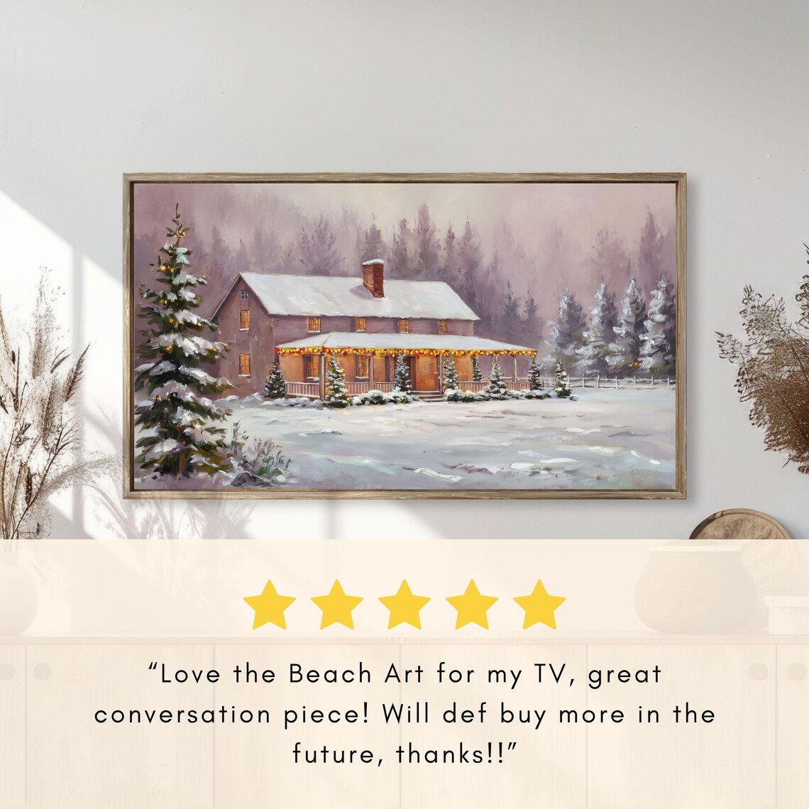 Farmhouse Porch Wrapped In Christmas Lights Snowy Night Vintage Poster - Image 2