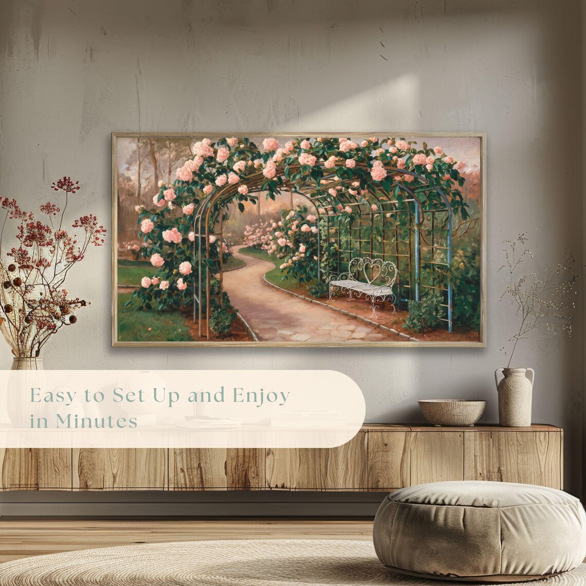 Pink Climbing Roses Garden Arch Bench Vintage Painting Poster - Image 5