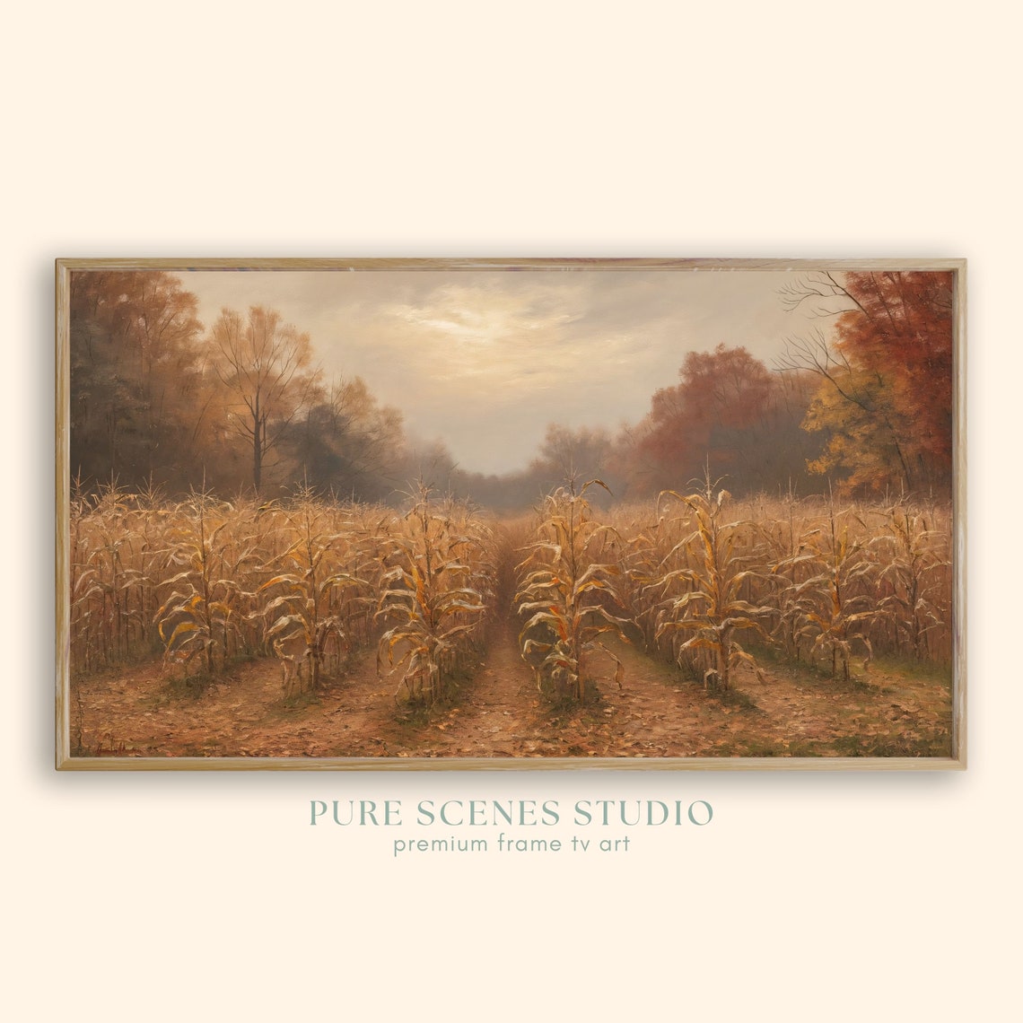 Autumn Cornfield Rows at Dawn Vibrant Fall Foliage Trees Poster