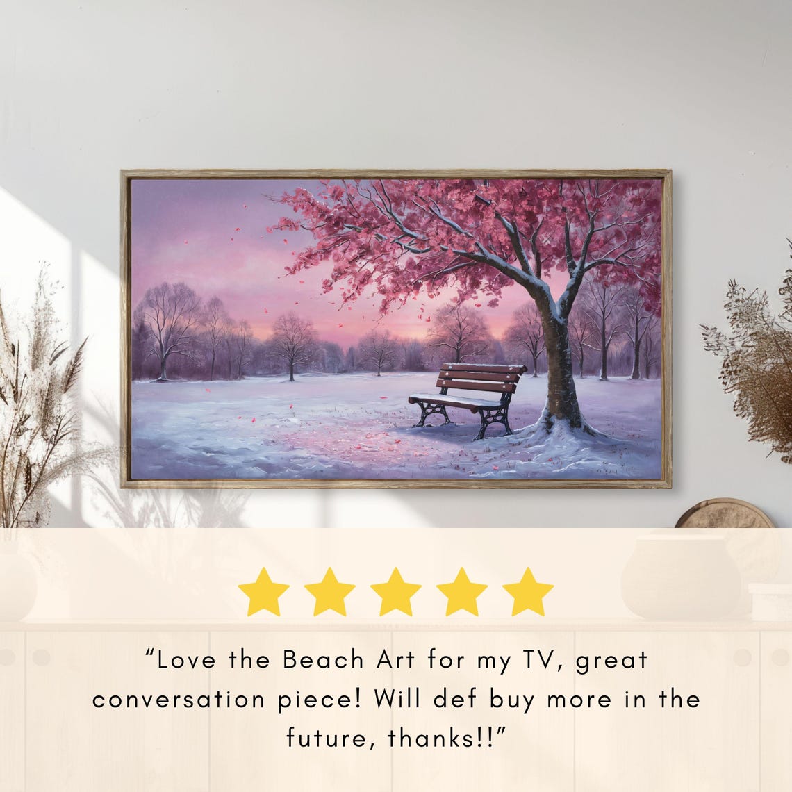 Snowy Park Bench Pink Blossom Tree Winter Dusk Painting Poster - Image 2