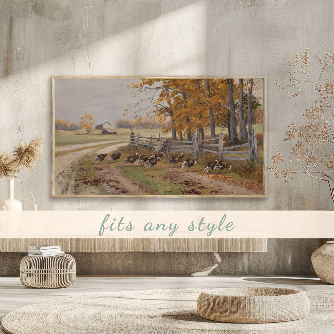 Wild Turkeys Crossing Country Road By Wooden Fence Autumn Farm Poster - Image 3