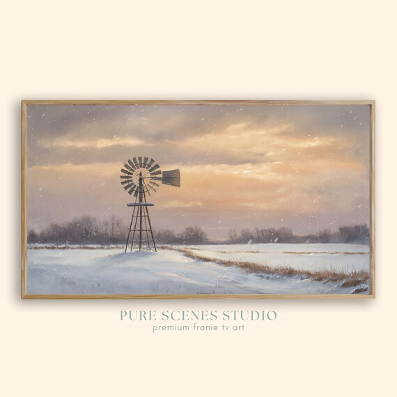 Snowy Prairie Windmill Golden Sunset Winter Countryside Painting Poster