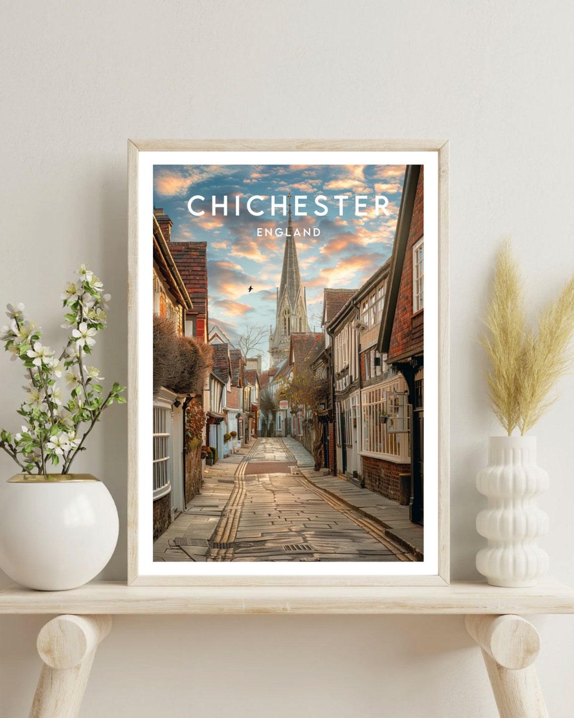 Chichester England Cobbled Street Sunset Cathedral Spire Poster - Image 4