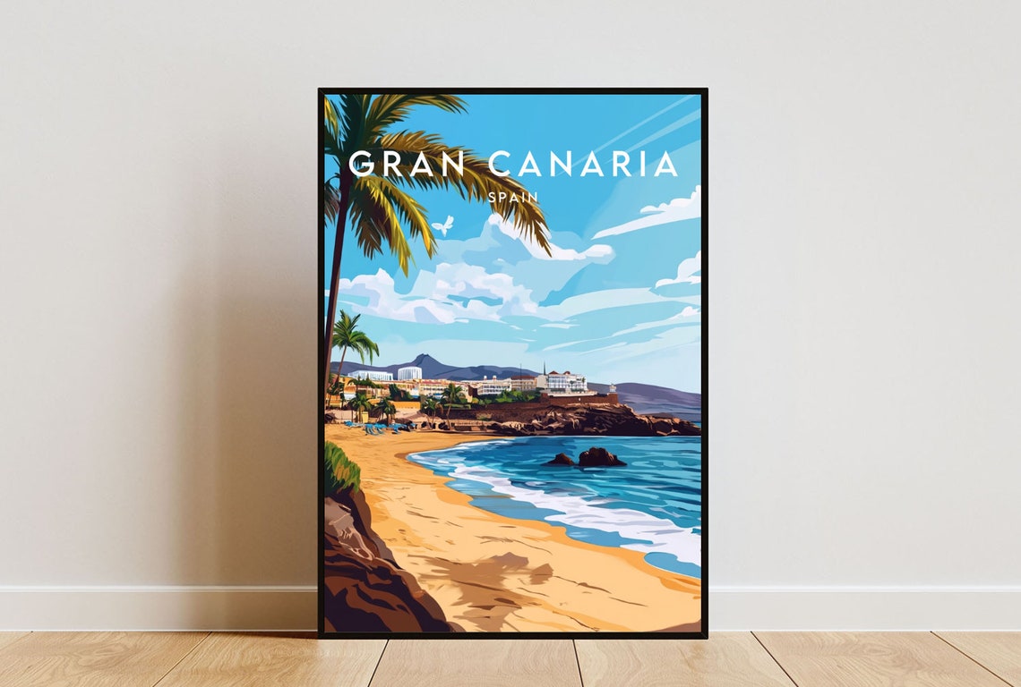 Gran Canaria Spain Golden Beach Palm Tree Ocean View Travel Poster