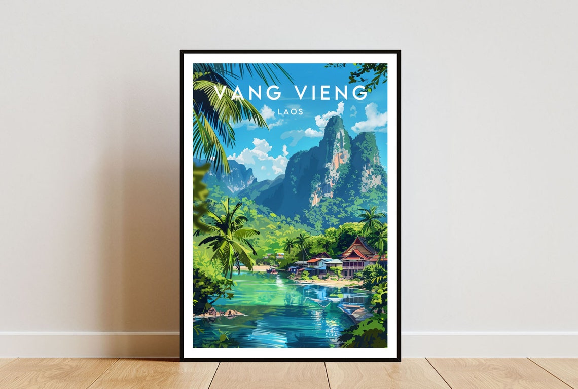 Vang Vieng Laos Dramatic Karst Mountains River Village Travel Poster