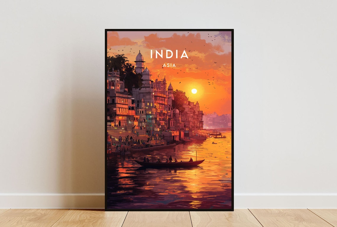 India Asia Golden Sunset River Temples Boats Riverside Scene Poster
