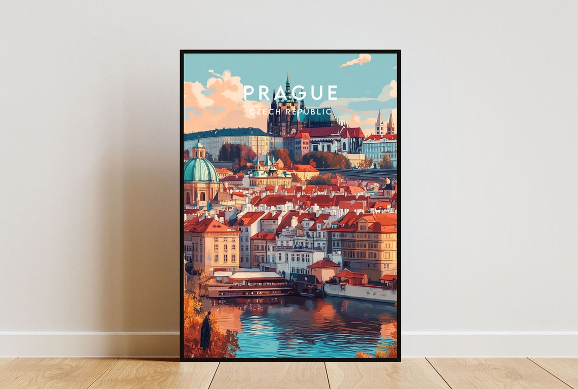 Prague Czech Republic Castle Skyline River View Vintage Travel Poster