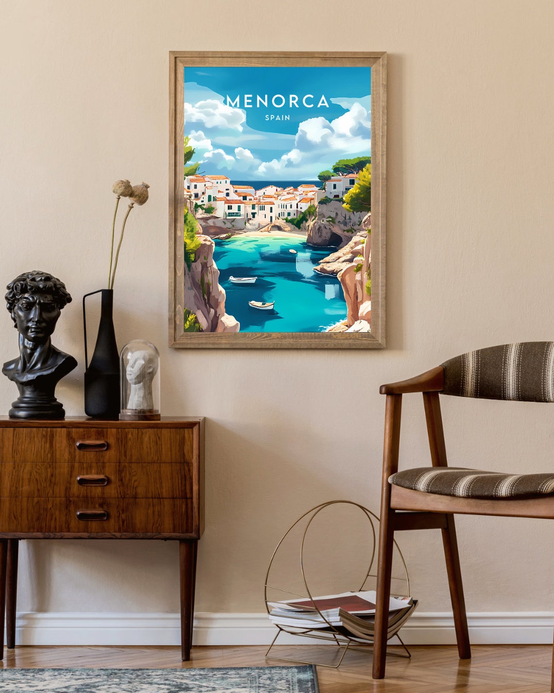 Menorca Spain Turquoise Cove White Village Travel Art Poster - Image 2