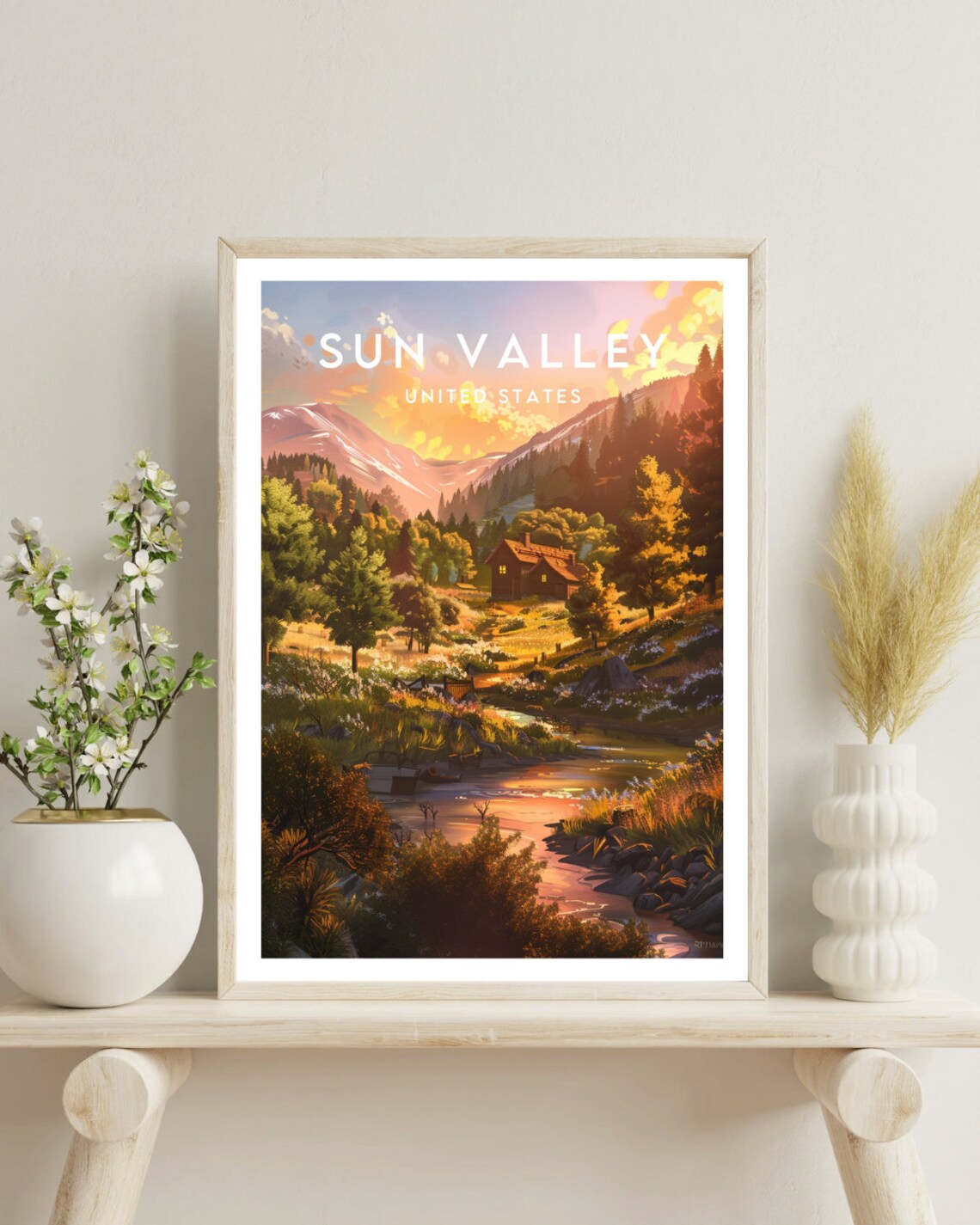 Sun Valley United States Mountain Cabin Stream Sunset Travel Poster - Image 4