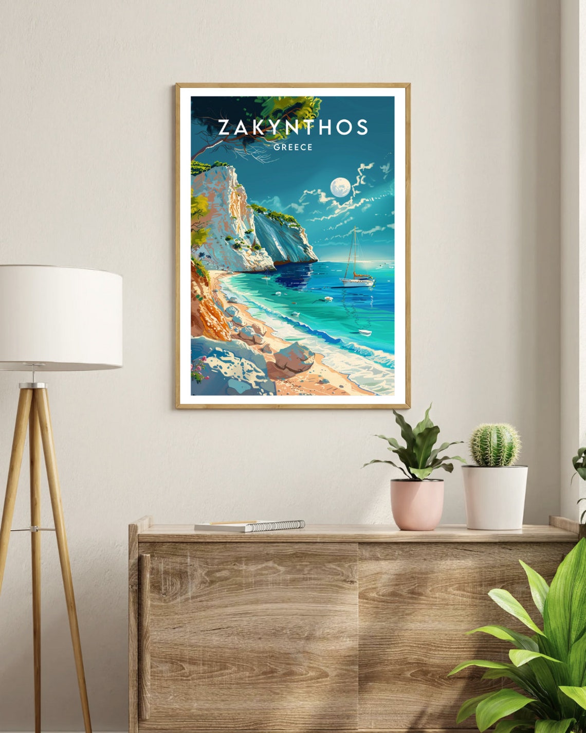 Zakynthos Greece Moonlit Cliffs Sandy Beach Sailboat Scenic Poster - Image 3