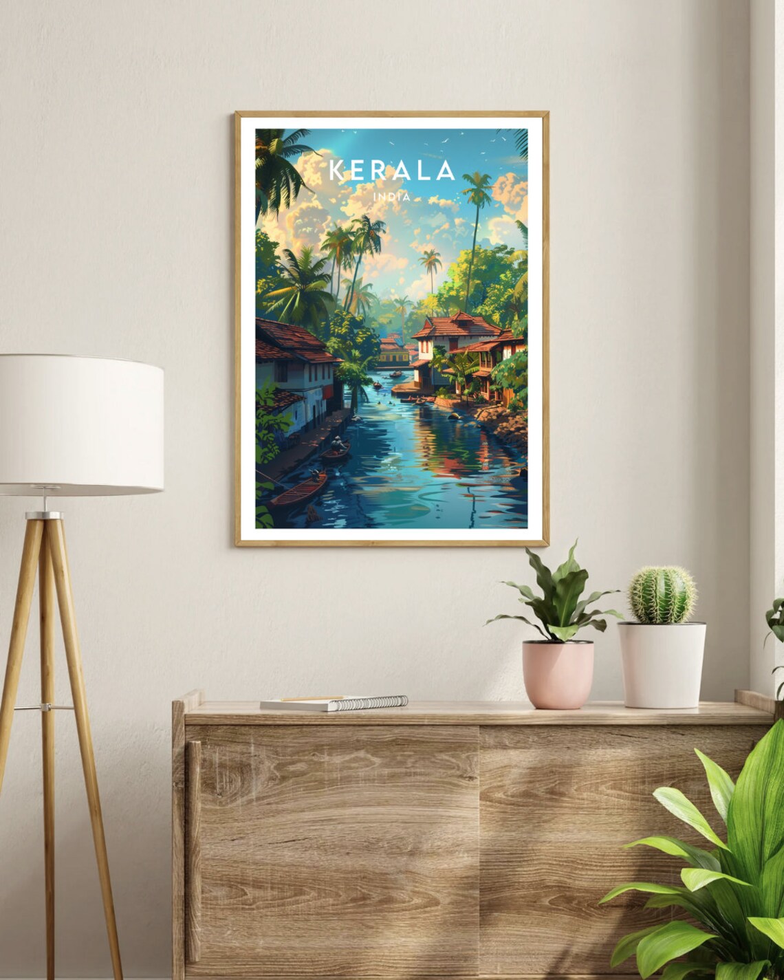 Kerala India Backwater Canal Boats and Palms Travel Art Poster - Image 3