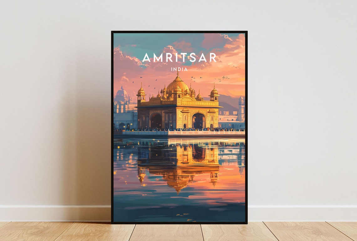 Amritsar India Golden Temple Sunset Reflection Travel Poster