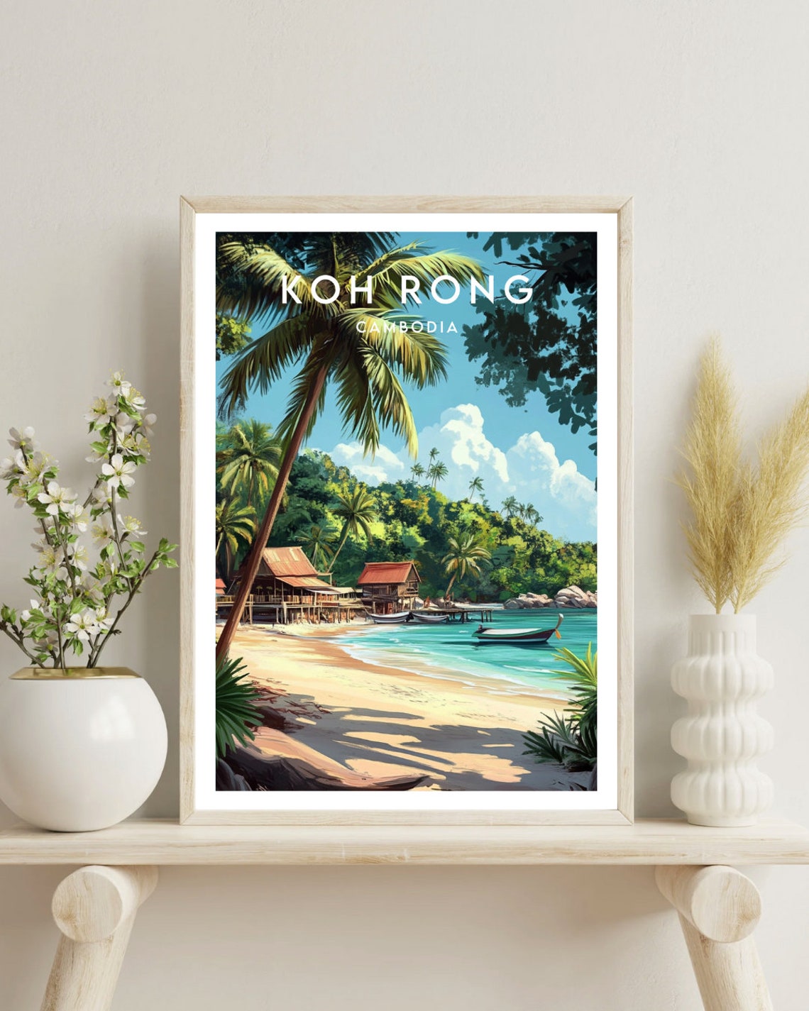 Koh Rong Cambodia Tropical Beach Palm Huts Boat Travel Poster - Image 4