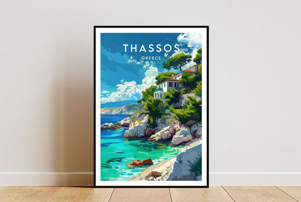 Thassos Greece Rocky Cove Turquoise Water Hillside Travel Poster
